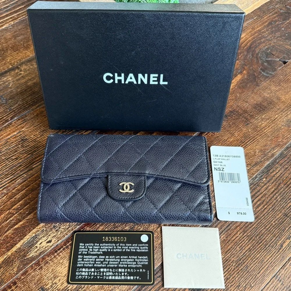 CHANEL Classic L-Flap Caviar Navy Blue Quilted Long Wallet